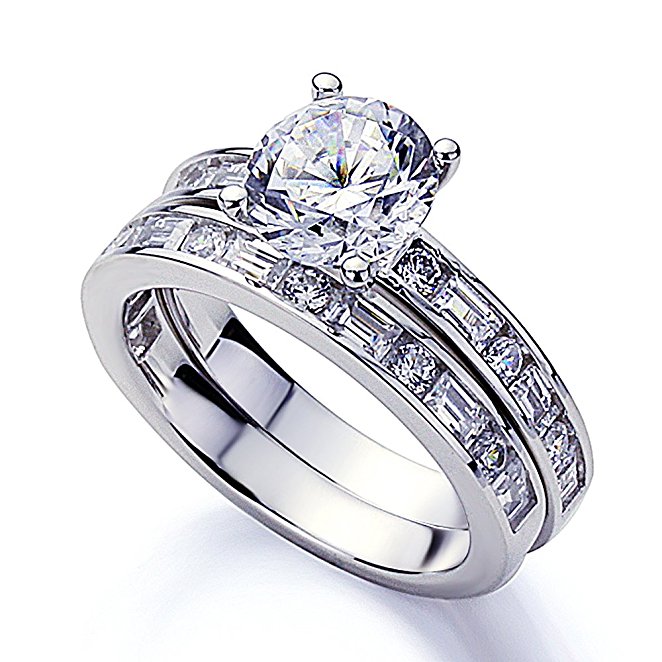 Platinum Plated Sterling Silver 2ct Round CZ Baguette Accent Wedding Bridal Set ( Size 5 to 9 )