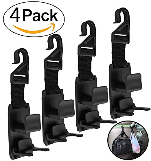 LOYMR 4 Pack Universal Car Vehicle Back Seat Headrest Hanger Hook for Shopping Bags Coats Purse Grocery Bottle Adapter Storage Hooks (Black )
