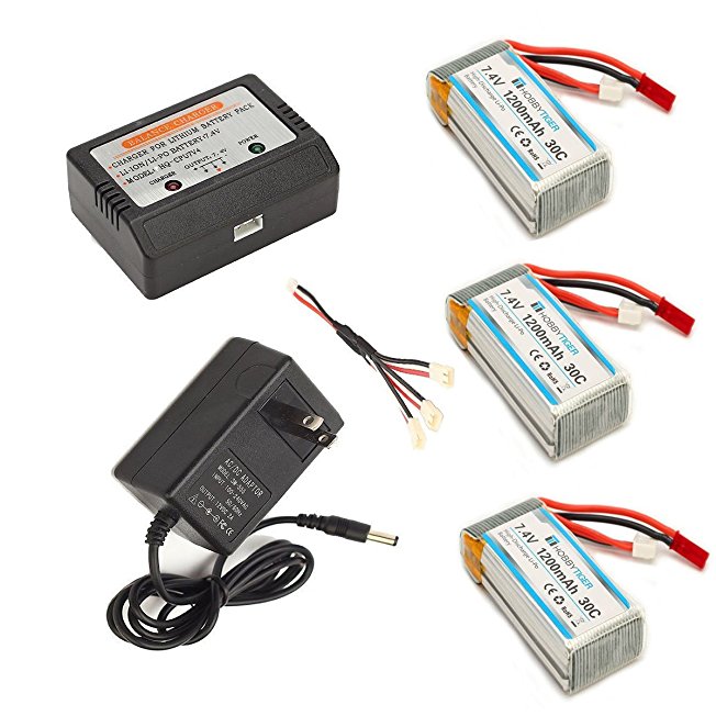 XHuan mjx x101 Lipo Battery 1200mAh 7.4V 30C 3pcs and 3in1 Cable with AC Balance Charger