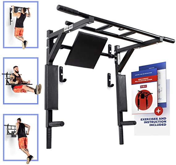 Wall Mounted Pull Up Bar and Dip Station Multi-Grip Chin-Up Bar Dip Stands Compact Power Tower for Indoor Home Gym Workout Multifunctional Fitness Training Equipment