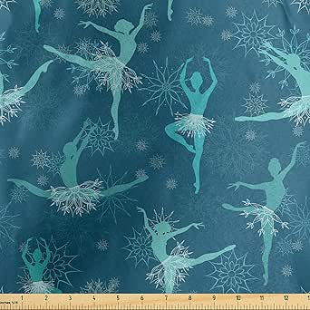 Ambesonne Ballet Fabric by The Yard, Snowflake Ballerina Dancers Noel Winter Themed Christmas Elf Design, Decorative Satin Fabric for Home Textiles and Crafts, 2 Yards, Petrol Blue Turquoise