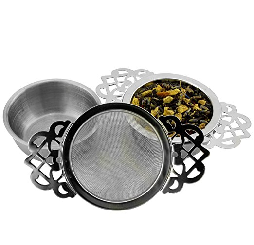 Empress Tea Strainers with Drip Bowls (2-Pack); Elegant Stainless Steel Loose Leaf Tea Strainers