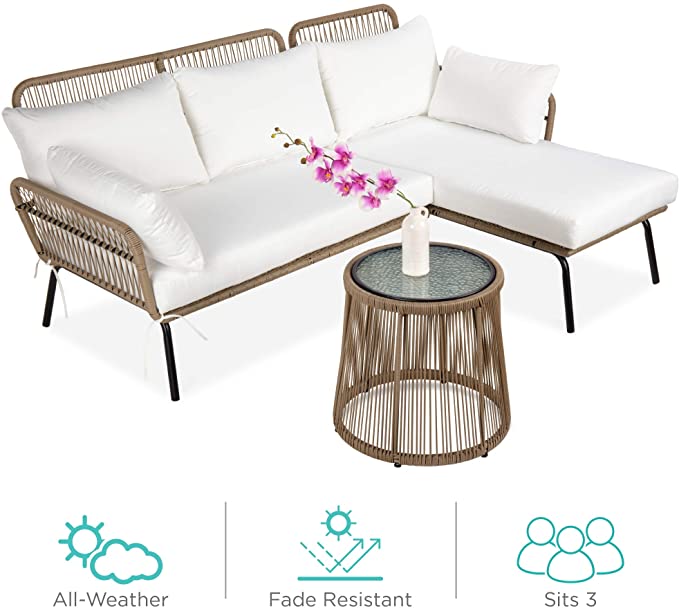 Best Choice Products Outdoor Rope Woven Sectional Patio Furniture L-Shaped Conversation Sofa Set w/Cushions, Side Table