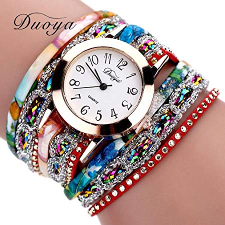 Hunputa 2016 New Watches Women Flower Popular Quartz Watch Luxury Bracelet Women Dress Lady Gift Flower Gemstone Wristwatch (Red)
