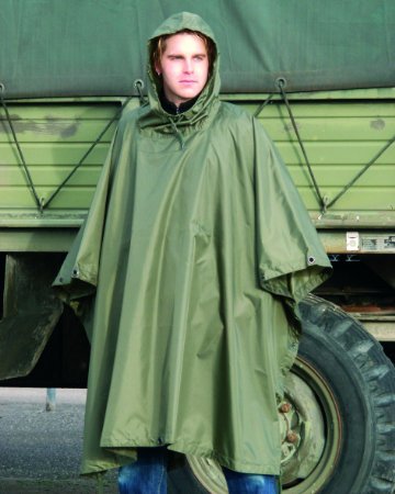 Mens US Waterproof Ripstop Hooded Nylon Festival Poncho in Olive Green