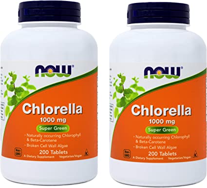 Now Chlorella Tablets 1000mg, 200 Tabs (Pack of 2) Non-GMO Microalgae - Green Superfood Supplement