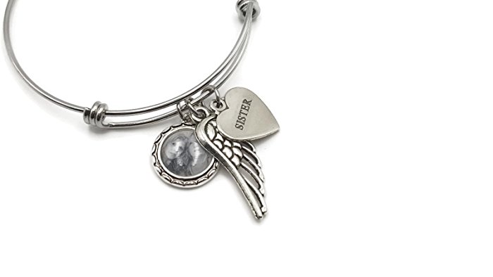 Custom Remembrance Bracelet - Photo, Angel Wing and Sterling Silver Charm, Loss of Sister, Brother, Mom, Dad, Son, Daughter, or Husband