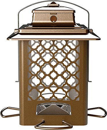 More Birds 105IN Copper Finish Metal Hopper Bird Feeder with the SureFill No Spill Filling System, Four Feeding Ports, 3.6 lb Seed Capacity