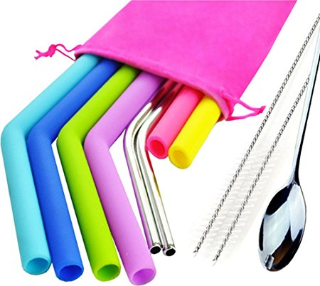 Silicone Straws For 30 oz Tumblers,Yeti / Rtic Reusable and Extra Long Silicone Straws(Set of 6)/Stainless Steel Straws/Bar Spoon/Brushes/Storage Pouch Included