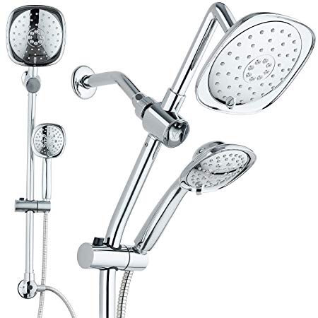 Spa Station 34" Adjustable Drill-Free Slide Bar with 48-setting Showerhead Combo & Height Extension Arm / 3-way Square Rain & Handheld Shower Head/Low Reach Diverter/Stainless Steel Hose/Chrome