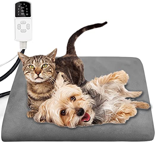 HONGXIAN Pet Heat Pad for Cats Dogs 45×45CM,Electric Heating Mat 10 Adjustable Temperature and Adjustable Timer,Indoor Safety Waterproof Heated Pad Mat Bed with Chew Resistant Cord (Gray)