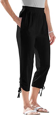 AmeriMark Women's Side Cinch-Tie Cotton Capri Pants with Pockets Elastic Waist