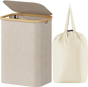 Lifewit 80L Laundry Basket with Lid, Clothes Hampers for Laundry with Bamboo Handles and A Removable Laundry Bag, Large Foldable Laundry Hamper for Bedroom, Bathroom, Dorm, Laundry Room, Beige