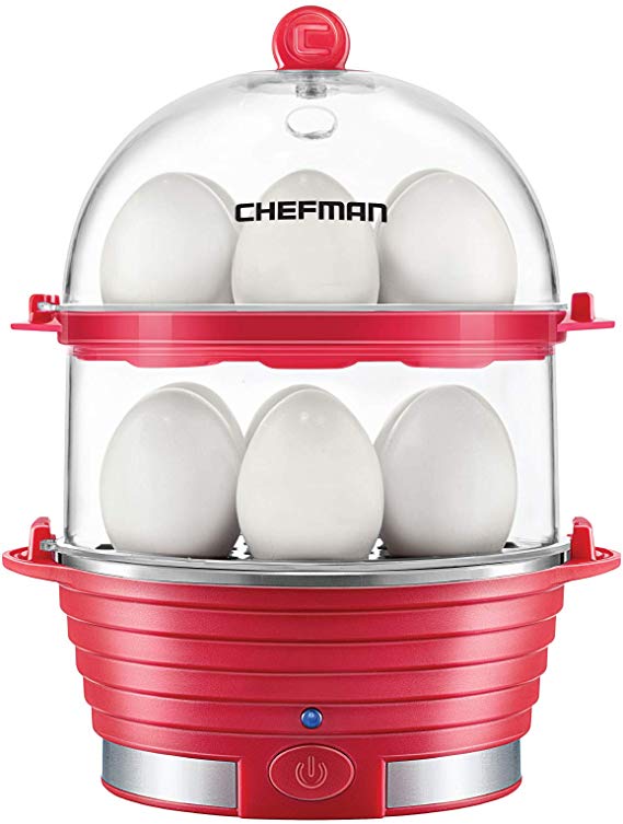 Chefman Electric Egg Cooker Boiler, Rapid Egg-Maker & Poacher, Food & Vegetable Steamer, Quickly Makes 12 Eggs, Hard or Soft Boiled, Poaching and Omelet Trays Included, Ready Signal, BPA-Free, Red
