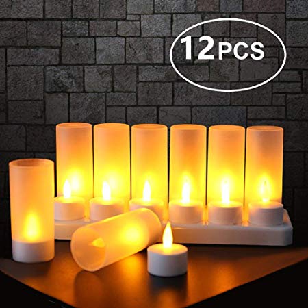 Flameless Candles with Rechargeable Base Led Candles Flickering LED Tea Lights Unscented Tealight Warm White Plastic Realistic Candle Party Decoration Upgraded Tea Candle Set of 12 NO Need Battery