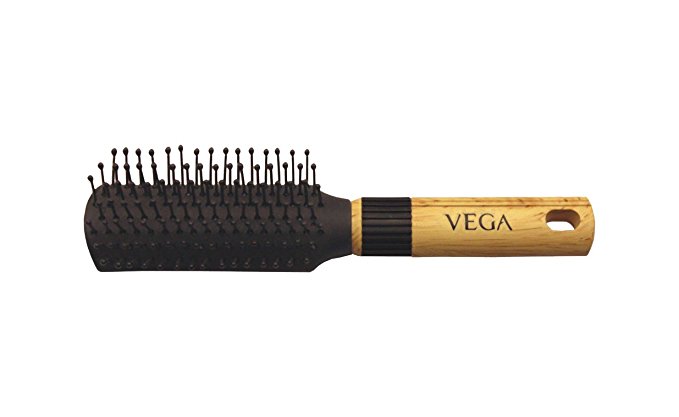 Vega Mini Flat Brush with Wooden Colored Handle and Black Colored Brush Head