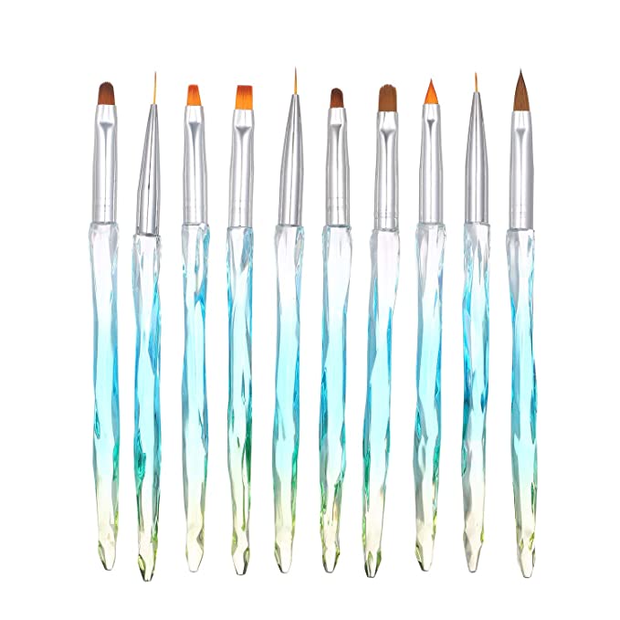 Anself 10pcs Acrylic Nail Brush Set, Gradient Color Handle with Protective Cap UV Gel Nail Builder Brush (Blue)