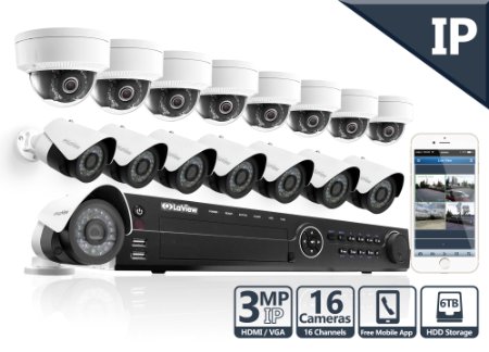 LaView 3MP IP 16 Camera Security System, 16 Channel IP PoE NVR (Resolution 1080p - 6MP) w/5TB HDD and 8 IP Bullet & 8 IP Dome White Surveillance Camera Kit