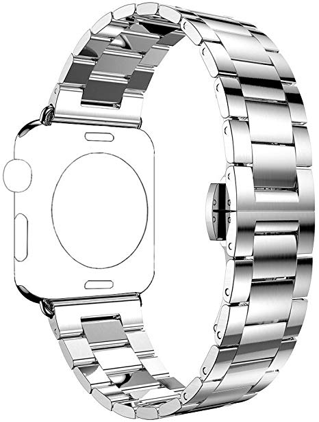 PUGO TOP Strap Compatible for Apple Watch Series 5/4/3/2/1,Solid Stainless Steel Metal Unique Polishing Process Business Replacement Band with Durable Folding Clasp for Apple Watch