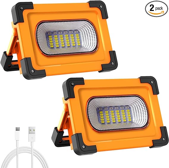 T-SUN 60W Solar LED Work Lights, Rechargeable Portable USB Flood Light 4 Modes Security Job Site Lighting Waterproof 3000LM for Outdoor Camping Fishing Hiking Car Repairing Emergency(60W-2 Pack)