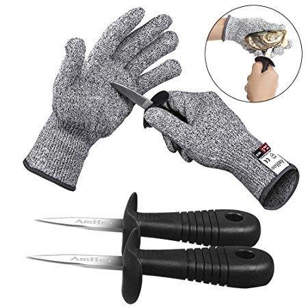 Oyster Knife Shucker Cut Resistant Glove Set Level 5 Protection Stainless Steel Clam Shellfish Seafood Opener EN388 Certified Food Grade by AmHoo (1 pair gloves   2 knives) (M)