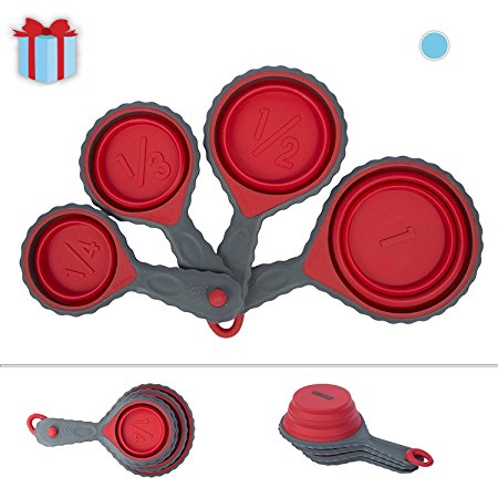Collapsible Measuring Cup Set | 4 Measuring Cups Set By Comfify | 1/4, (60 Mil) 1/3, (80 mil) 1/2 (125 mil) and 1 cup (250 mil) | Burgundy Red & Grey Color