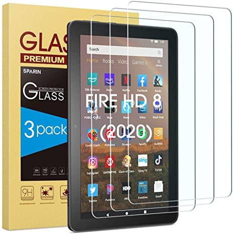 All-New Fire HD 8 / Fire HD 8 Plus Screen Protector, [3-Pack] SPARIN Tempered Glass for Fire HD 8/Fire HD 8 Plus/Fire HD 8 Kids (2020 Released), [Bubble Free] [High Definition]