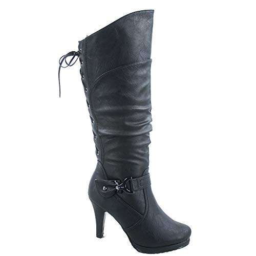 Top Moda Womens Page-65 Knee High Round Toe Lace-Up Slouched High Heel Boots