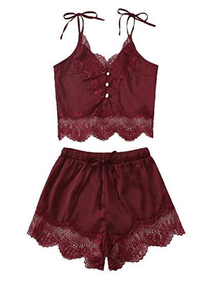 DIDK Women's Lace Trim Bralette Shorts Pajama Set Lingerie Nightwear