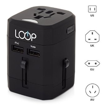 LOOP BEST World Travel Adapter with Dual USB Charging Ports  International US UK EU AU Universal Fused Safety AC Wall Plug Black