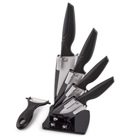ZenWare 6-Pieces Black Ceramic Cutlery Kitchen Knives with Fruit Peeler and Knife Stand
