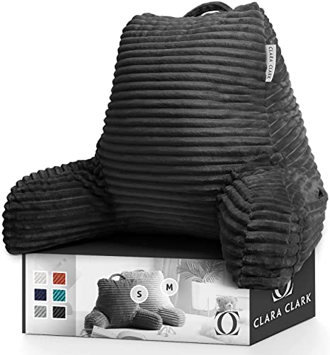 Cut Plush Striped Reading Pillow for Kids & Teens, Medium Back Pillow, Back Support Pillow, Shredded Memory Foam Bed Rest Pillow with Arms, Dark Gray