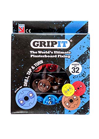 GripIt Drywall Anchor Fixing Kit Holds Up To 250 Pounds or 113 Kilograms Of Weight. Perfect For Hanging Heavy Such as TVs, Boilers, Cabinets on Plasterboard Walls.. Removable and Reusable Screws (32 Fixings)