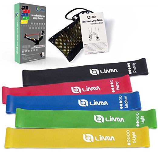 Limm Resistance Bands Exercise Loops - Set of 5, 12-inch Workout Bands for Home Fitness, Stretching, Physical Therapy and More - Includes Bonus eBook, Instruction Manual, Online Videos & Carry Bag