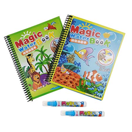 QTQYQJ 2 Pack Children's Water Magic Painting Book Water Reveal Pad - Animal/Ocean The Reusable Colors with Pad Baby Graffiti Picture Book Kindergarten Coloring Water Painting