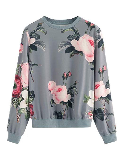 Romwe Women's Casual Floral Print Long Sleeve Pullover Tops