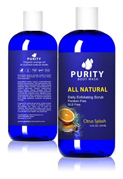 PURITY ALL NATURAL BODY WASH - The Best Smelling Body Wash - Exfoliate Nourish and Moisturize Dry Sensitive Skin and Fight Acne - Made with Organic Orange Peel Oil, Coconut Oil and Aloe