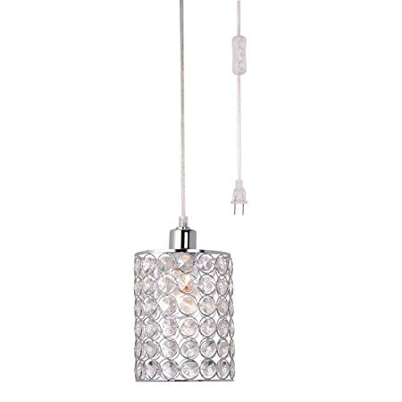 Globe Electric Angelica 1-Light Cylindrical Plug-In Pendant, Chrome Finish, Caged Crystal Shade, Clear 15' Cord, In-Line On/Off Rocker Switch, 65142