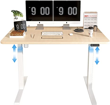 MAIDeSITe Height Adjustable Electric Standing Desk with Ergonomic Memory Controller, 48 x 24 Inches Sit Stand Table, White Frame/Oak Top