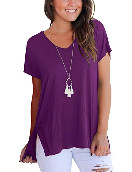 Women's Short Sleeve High Low Loose T Shirt Basic Tee Tops with Side Split