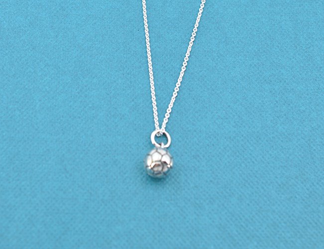 Little girls soccer necklace in sterling silver on a 14 inch sterling silver chain. Little girl necklace. Little girl gift. 14 rolo chain.