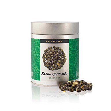 Supreme Jasmine Pearls Tea (Dragon Pearl) - 75g Tin - Hand Rolled Jasmine Tea Pearls - Grade A Loose Leaf Green Tea - Naturally Scented with Real Jasmine Blossoms