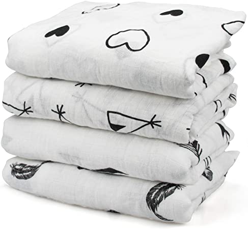 Tosnail 4 Pack 47" x 47" Unisex Muslin Baby Swaddle Blanket Swaddle Wrap Receiving Blankets - Arrow, Feather, Tent, Heart