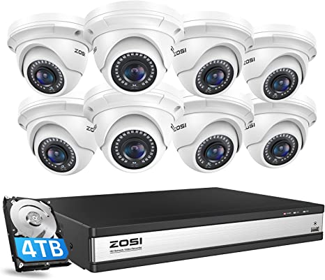 ZOSI 16CH 4K PoE Home Security Camera System,H.265  16 Channel 8MP 4K NVR with 4TB HDD,8pcs Wired 5MP Outdoor Indoor PoE IP Dome Cameras,Night Vision,Motion Alert,Remote Access,for 24-7 Recording