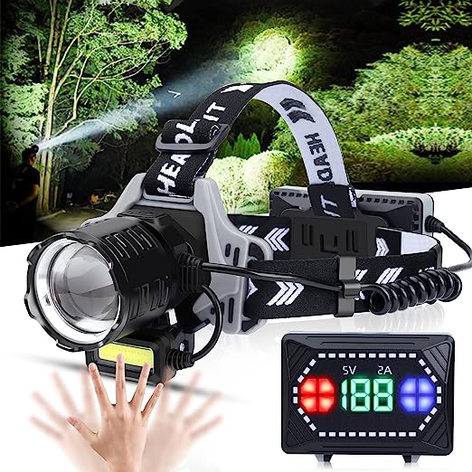 Rechargeable LED Headlamp, 120000 Lumens Super Bright Headlamp Flashlight with Motion Sensor, 8 Modes, 135°Adjustable, IPX7 Waterproof Head Lamp for Camping, Running, Climbing, Hiking