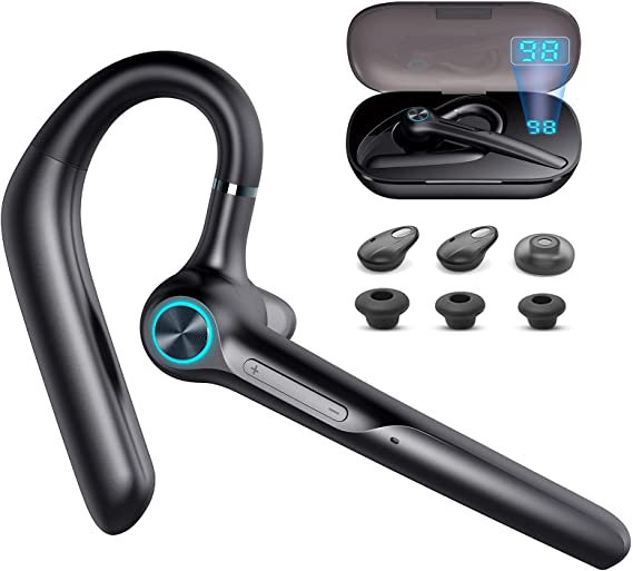 Bluetooth Headset V5.1 Wireless Earpiece with CVC8.0 Dual Mic Noise Cancelling Ear-Hook Phone Earpiece for Cell Phone 50 Hrs Playtime for Driving Office Business Computer Hands Free Earphones