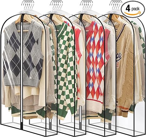 40" All Clear Garment Bags for Hanging Clothes, 4" Gusseted Suit Bags for Closet Storage, Plastic Garment Covers with Zipper for Coats, Jackets, Shirts, Dresses, 4 Packs
