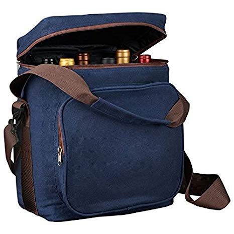 Wine Enthusiast 6-Bottle Wine Bag - Waxed Canvas Weekend Wine Carrier, Blue