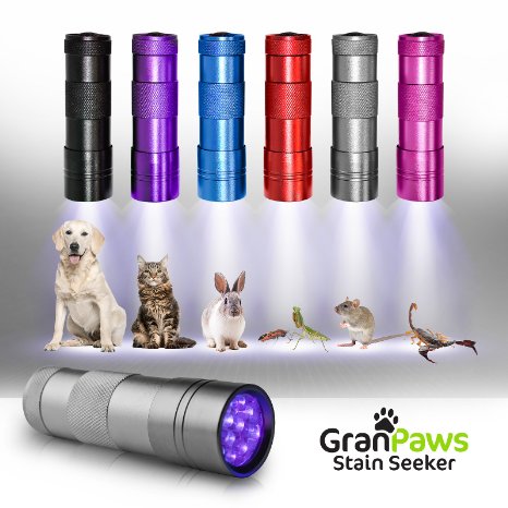 UV Black-Light Flashlight Pet Urine Detector. Ultra-Bright Led Cordless Stain Finder for Detecting Dry Dog Cat and Pet Urine/Pee. GranPaws® Stain Seeker SILVER Color. A Unique Gift Giving Idea.