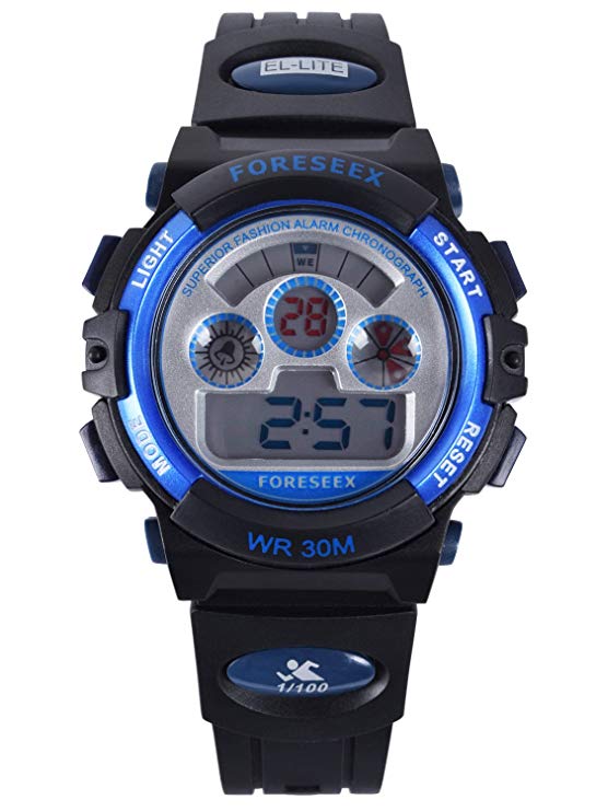 Water Resistant Digital Sports Wrist Watches for Ages 5-15 Kids Boy Girl with Back Light Blue FSX-519G